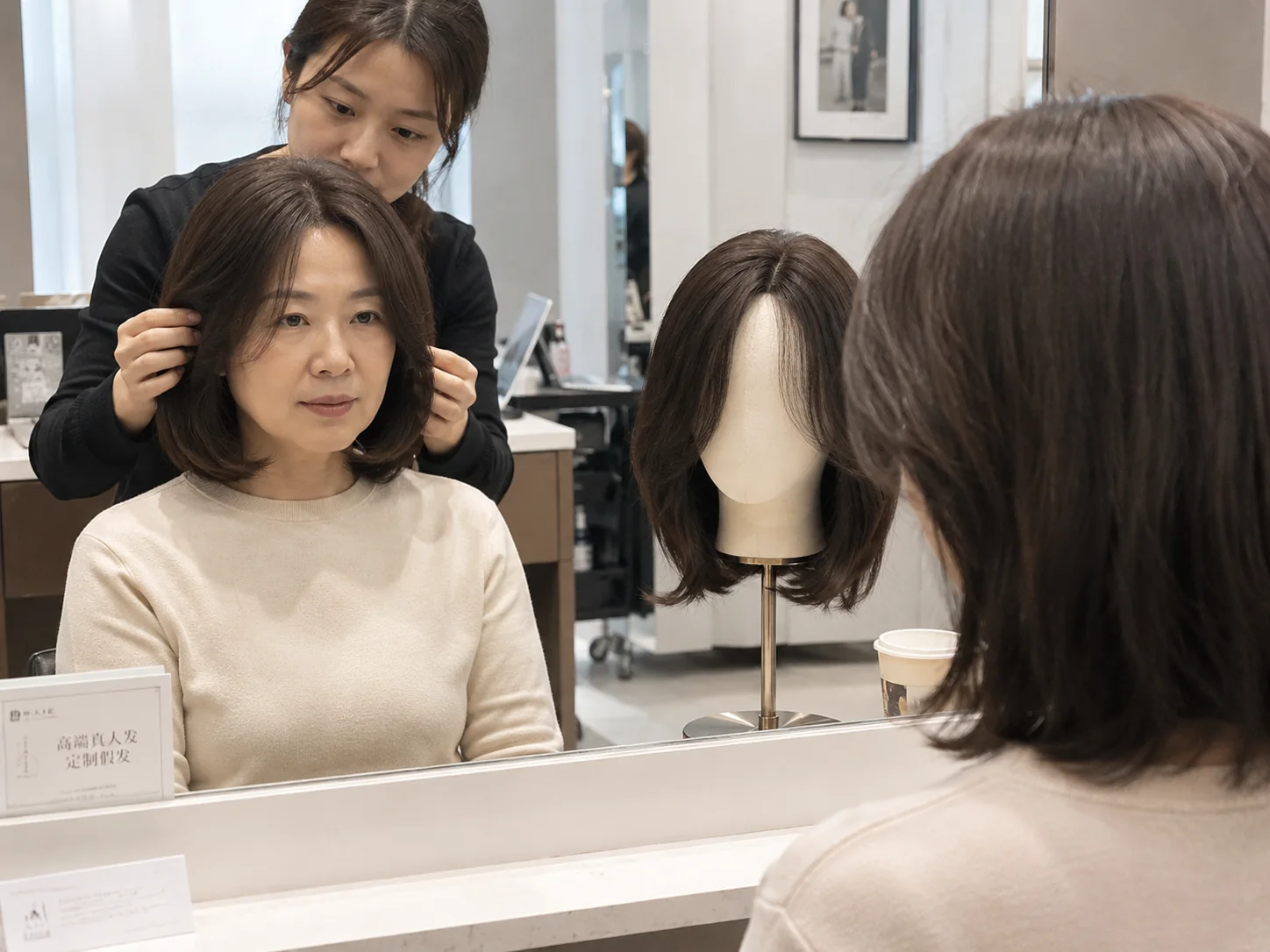 M&MY face shape wig selection solution with consultant checking hairstyle proportion in mirror