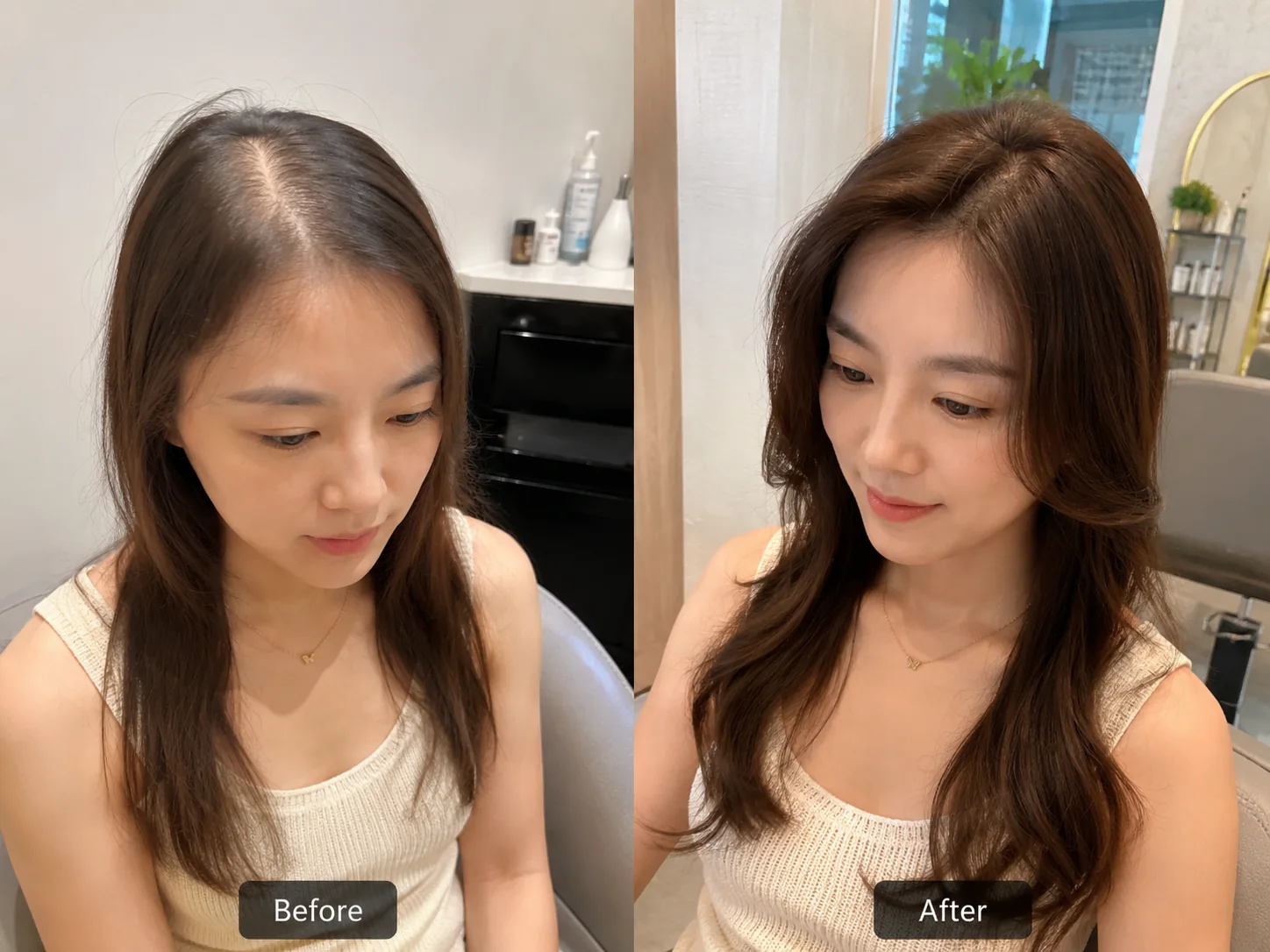 M&MY low hair volume women solution before and after comparison showing fuller hairstyle volume