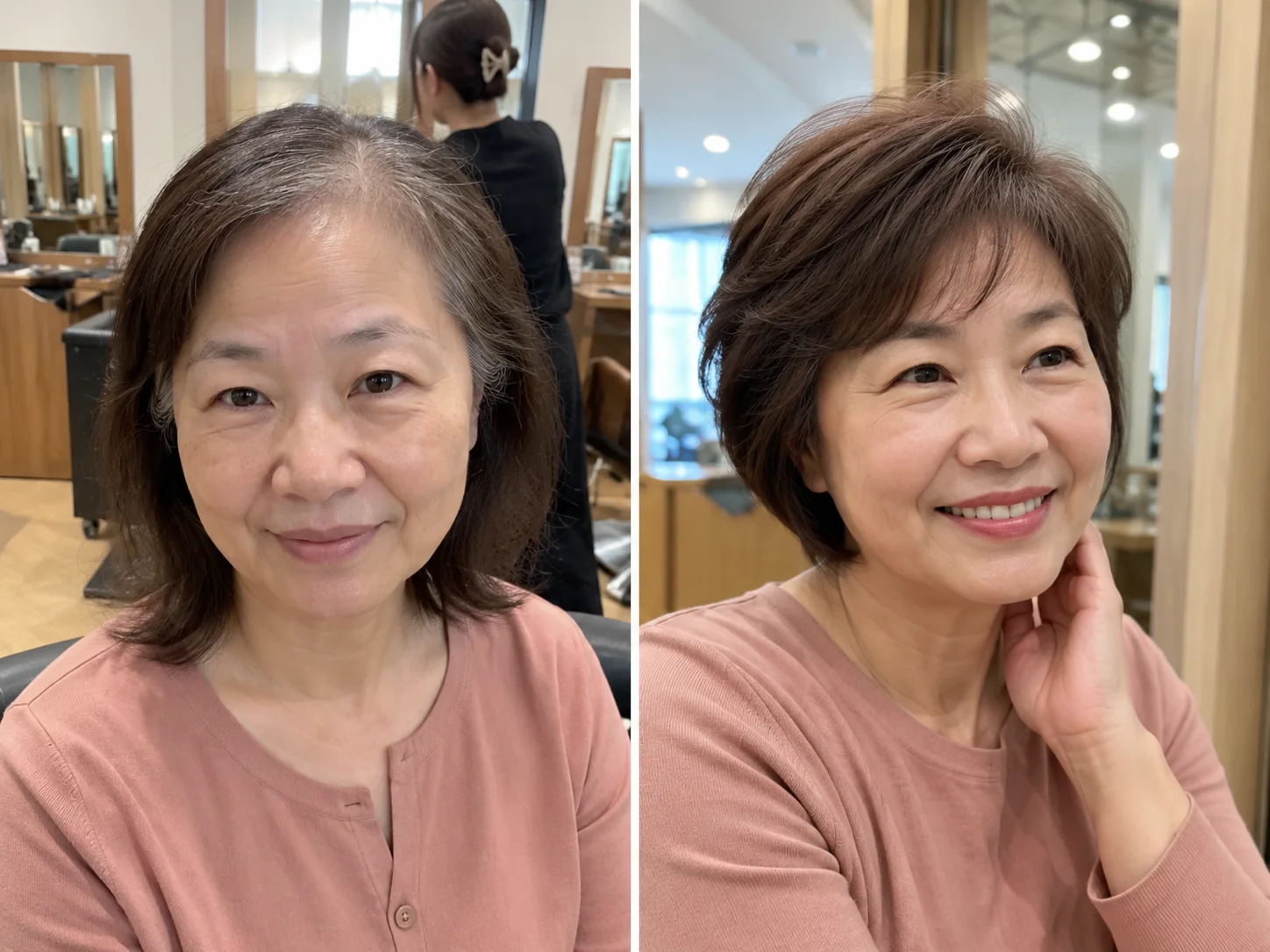 M&MY mom wig refresh solution before and after comparison showing a softer short hairstyle