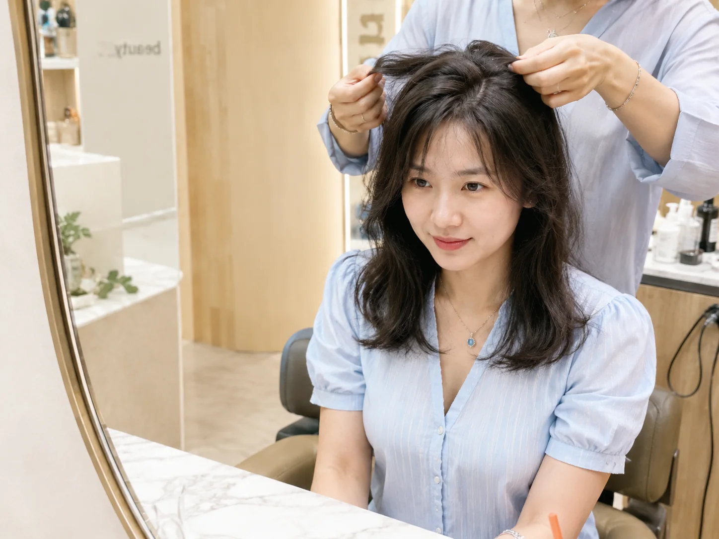 M&MY summer lightweight wig solution showing in-store try-on and styling adjustment