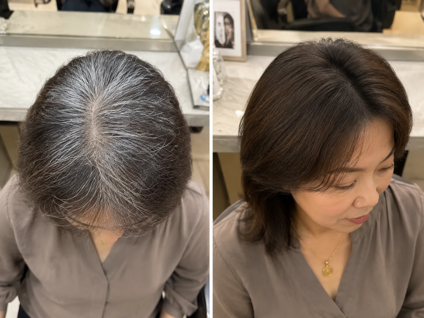 M&MY white hair coverage solution before and after comparison with softer hair color balance